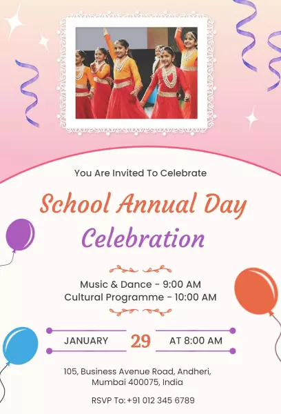 Vibrant School Annual Day Celebration Festivity Invitation Template