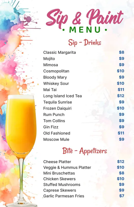 Vibrant Sip and Paint Cocktails and Appetizers Bar Menu Template