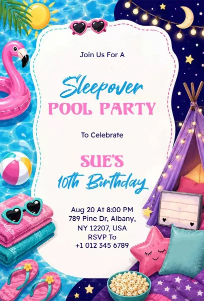 Vibrant Sleepover Pool Party Birthday Celebration Invitation Template
