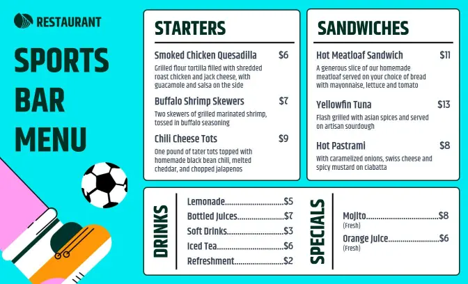 Vibrant Soccer Graphics Sports Bar Menu Template