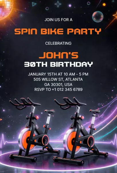 Vibrant Spin Bike Party 30th Birthday Celebration Invitation Template