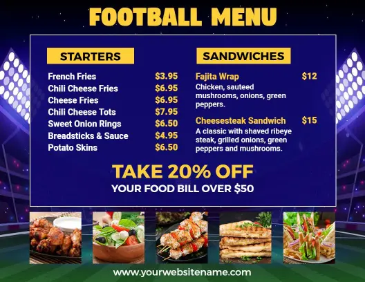 Vibrant Stadium Lights Football Party Menu Template