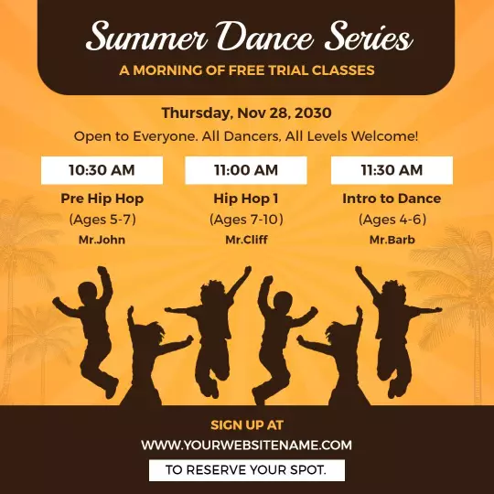 Vibrant Summer Dance Classes Event with Free Trials Ad Template