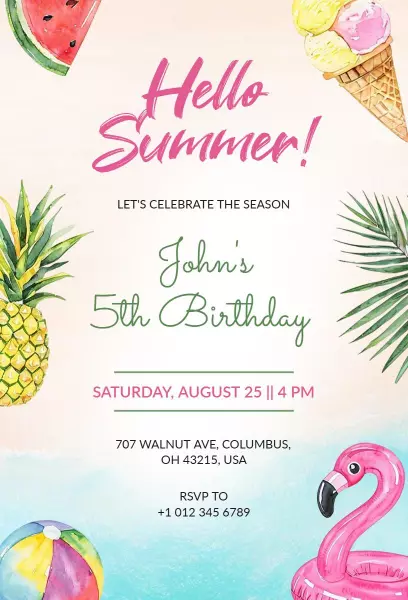 Vibrant Summer Fun 5th Birthday Celebration Invitation Template