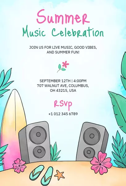 Vibrant Summer Music Celebration Beach Party Invitation Template