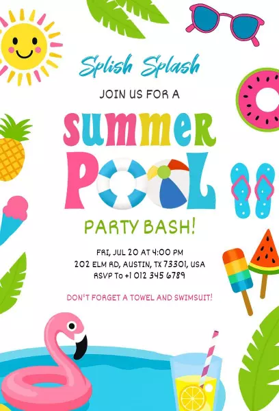 Vibrant Summer Pool Party Bash Celebration Invitation Template