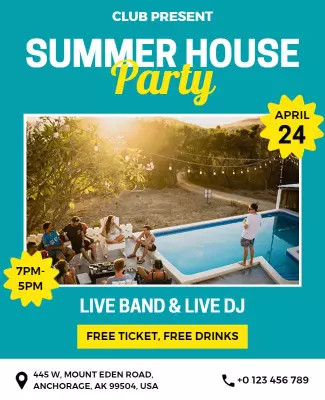 Vibrant Summer Pool Party with Live Music Poster Template