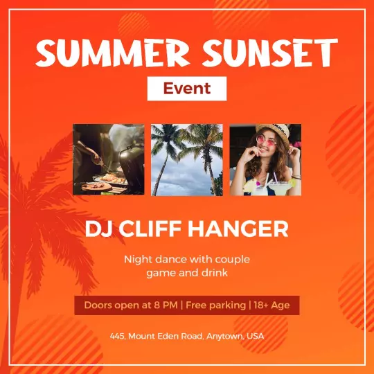 Vibrant Summer Sunset DJ Event with Games and Drinks Ad Template