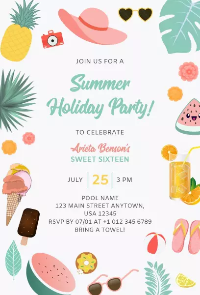 Vibrant Summer Sweet Sixteen Holiday Party Invitation Template