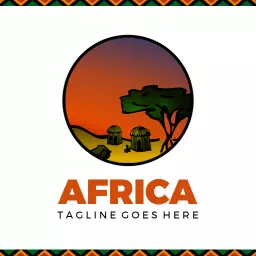 Vibrant Sunset Over African Landscape Featuring Traditional Huts Logo Template