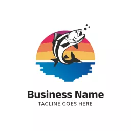 Vibrant Sunset Over Lake with Fish Illustrating Fishing Logo Template