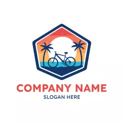 Vibrant Sunset Over Water with Bicycle and Palm Trees Logo Template