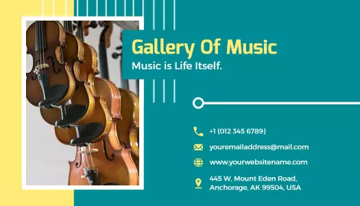 Vibrant Teal Musical Instruments Showcase Business Card Template