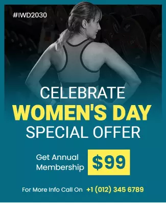 Vibrant Teal Women's Day Fitness Membership Offer Poster Template