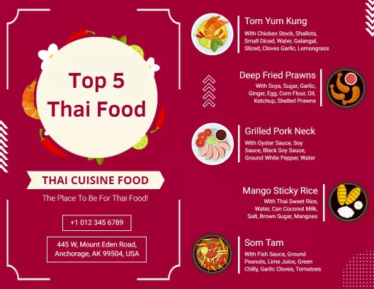Vibrant Thai Cuisine Top 5 Dishes Menu Brochure Template