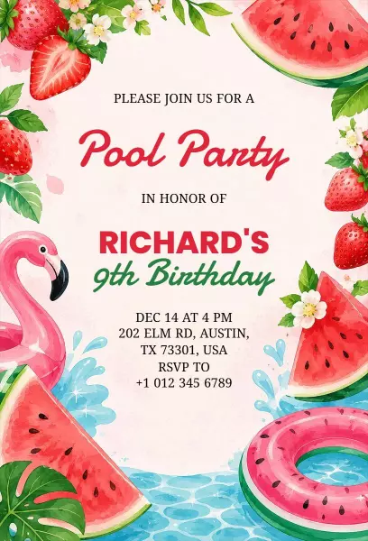 Vibrant Tropical Pool Party Birthday Celebration Invitation Template