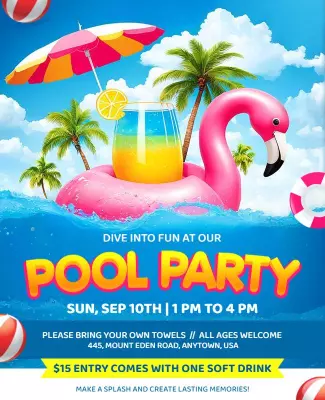 Vibrant Tropical Pool Party Theme with Flamingo Poster Template