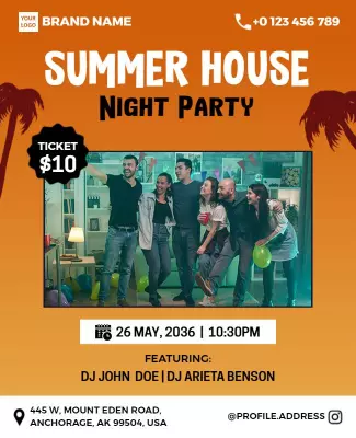 Vibrant Tropical Summer House Night Party Poster Template