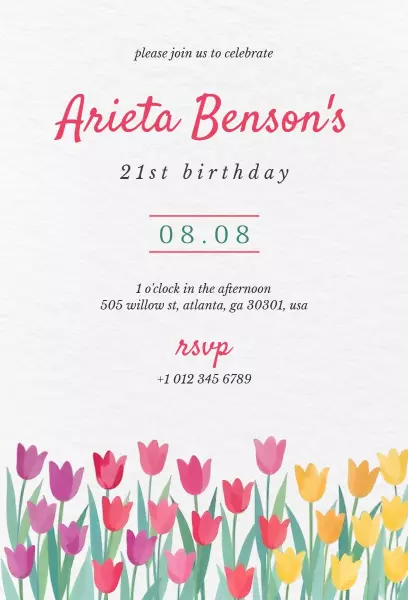 Vibrant Tulip Floral 21st Birthday Celebration Invitation Template