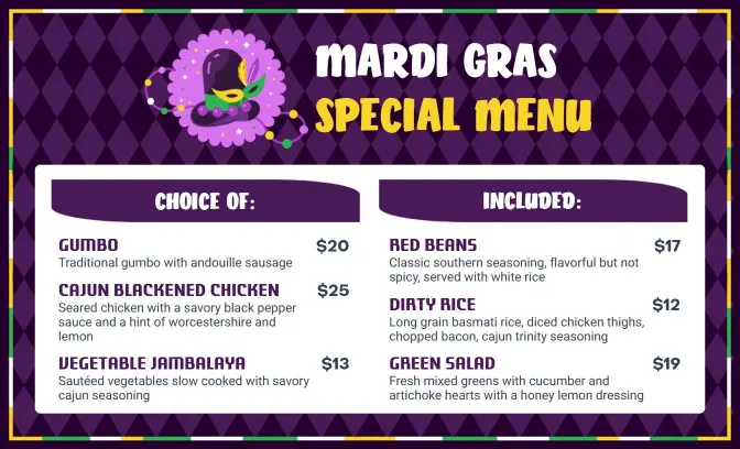 Vibrant Vegetable Jambalaya with Classic Sides Mardi Gras Menu Template