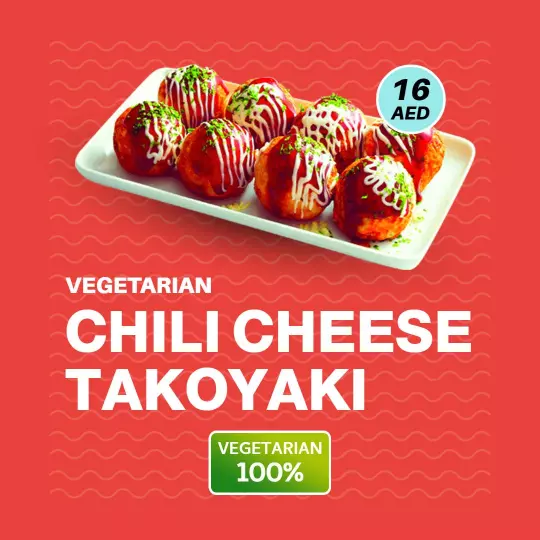 Vibrant Vegetarian Chili Cheese Takoyaki Delight Ad Template