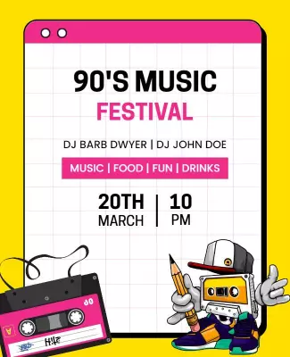 Vibrant Yellow 90's Music Festival Retro Poster Template