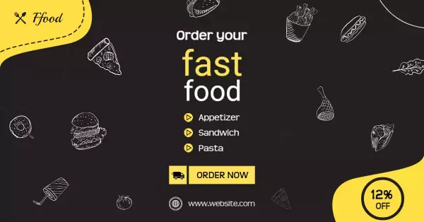 Vibrant Yellow and Black Fast Food Promotion Facebook Ad Banner Template