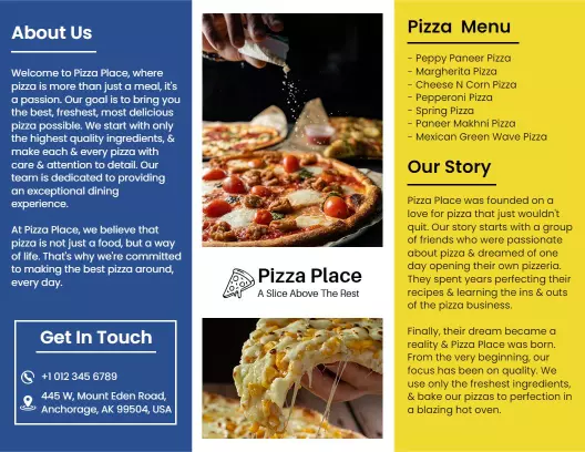 Vibrant Yellow and Blue Pizza Menu and Restaurant Brochure Template