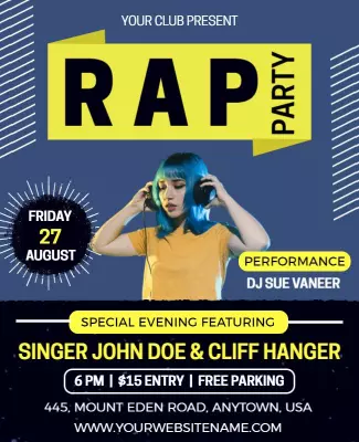 Vibrant Yellow and Blue Rap Party Performance Poster Template