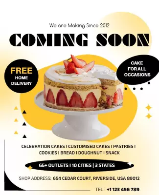 Vibrant Yellow Bakery Coming Soon Cake Delivery Poster Template