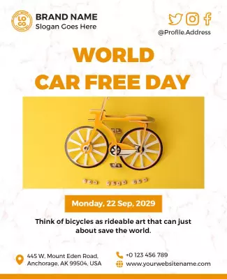 Vibrant Yellow Bicycle Theme for World Car Free Day Poster Template