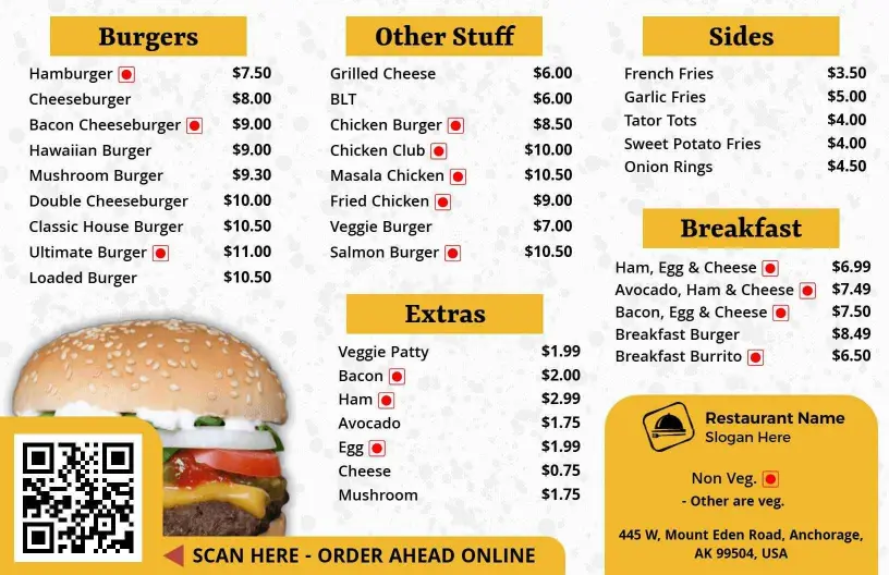 Vibrant Yellow Burger and Breakfast Combo Menu Template