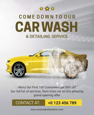 Vibrant Yellow Car Wash Promotion and Detailing Service Poster Template