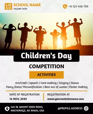 Vibrant Yellow Children's Day Competition Activities Poster Template