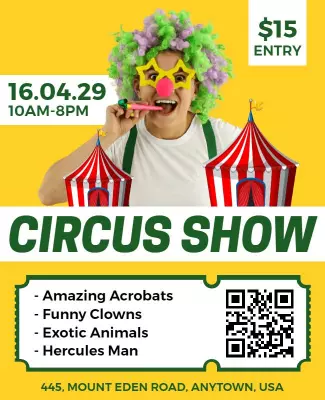 Vibrant Yellow Circus Show with Clowns and Acrobatics Poster Template