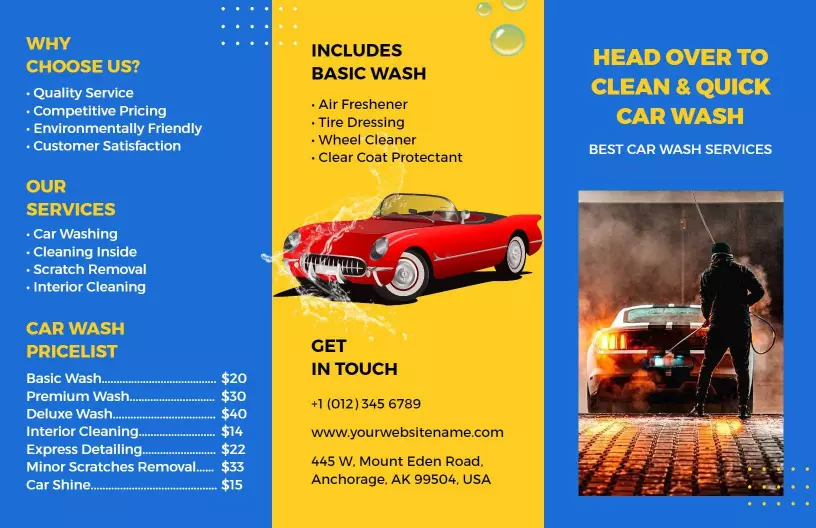 Vibrant Yellow Classic Car Wash Services Brochure Template