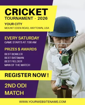 Vibrant Yellow Cricket Tournament Announcement Poster Template