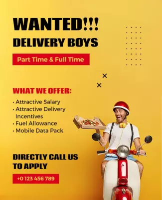Vibrant Yellow Delivery Boys Recruitment Job Poster Template
