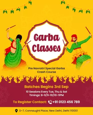 Vibrant Yellow Garba Dance Class Announcement Poster Template