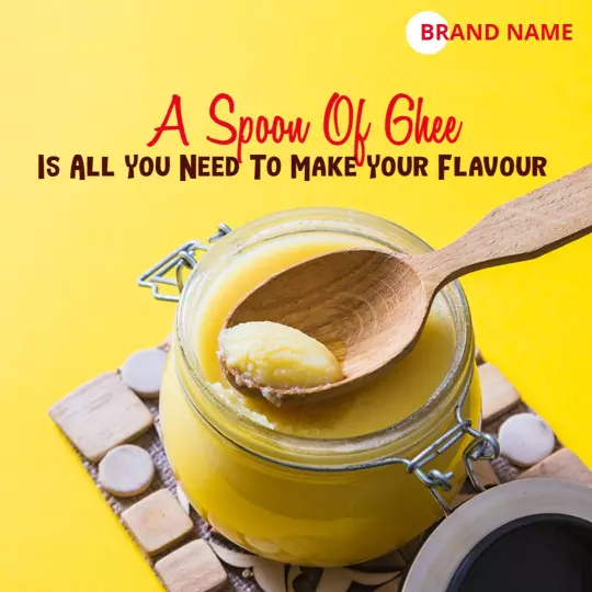 Vibrant Yellow Ghee Jar with Spoon for Flavor Enhancement Ad Template