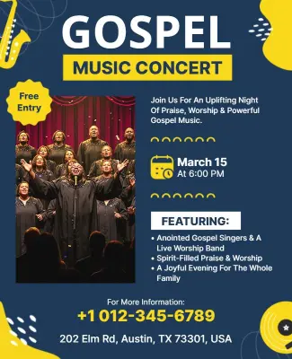 Vibrant Yellow Gospel Music Concert Celebration Flyer Template