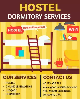 Vibrant Yellow Hostel Dormitory Services Information Poster Template