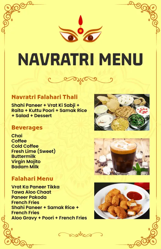 Vibrant Yellow Indian Festive Navratri Cuisine Menu Template