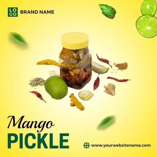 Vibrant Yellow Mango Pickle Jar with Spices Ad Template