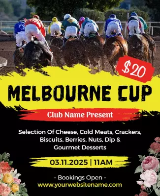 Vibrant Yellow Melbourne Cup Horse Racing Event Poster Template