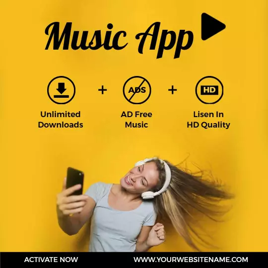 Vibrant Yellow Music App with Unlimited Downloads Ad Template