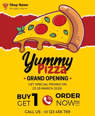 Vibrant Yellow Pizza Grand Opening Promotion Poster Template
