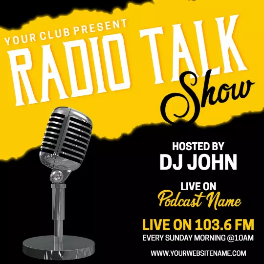 Vibrant Yellow Radio Talk Show Promotion with Microphone Ad Template