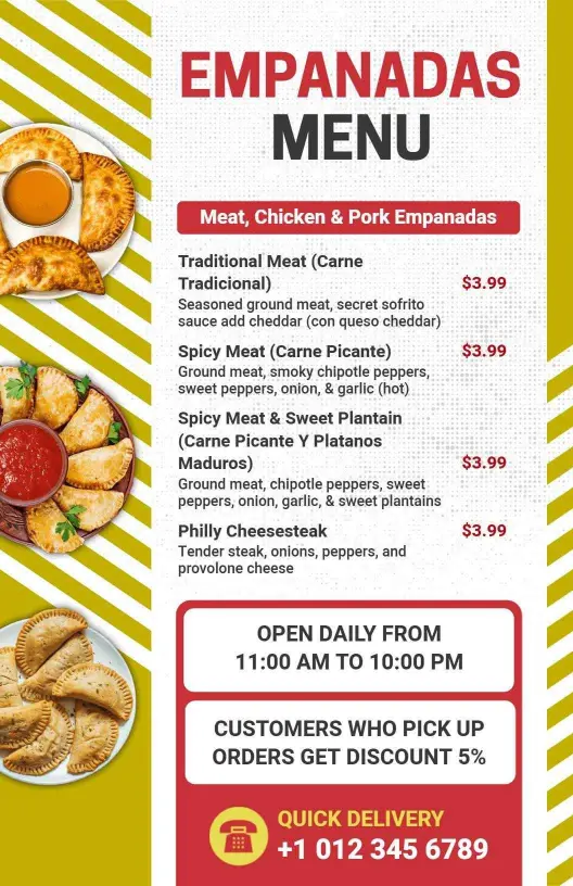 Vibrant Yellow Restaurant Empanadas Offer Menu Template