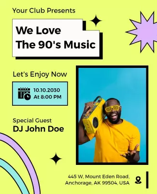 Vibrant Yellow Retro 90's Music Event Poster Template